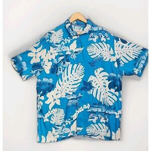 Tommy Bahama Shirt Mens Large Blue White Silk Floral Hawaiian XL TG Button Up